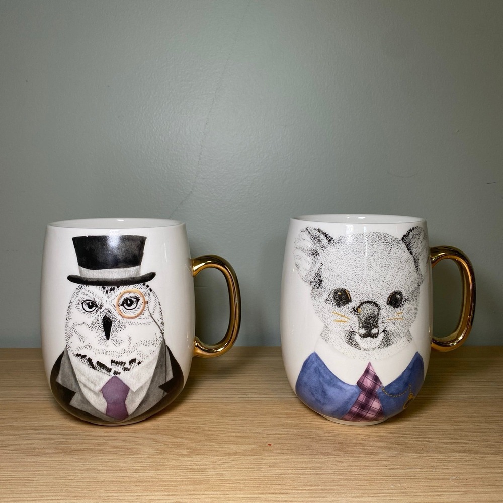 Pier 1 Imports Large Coffee Cup Mug Book Club With Koala Bear Owl Gold Handle